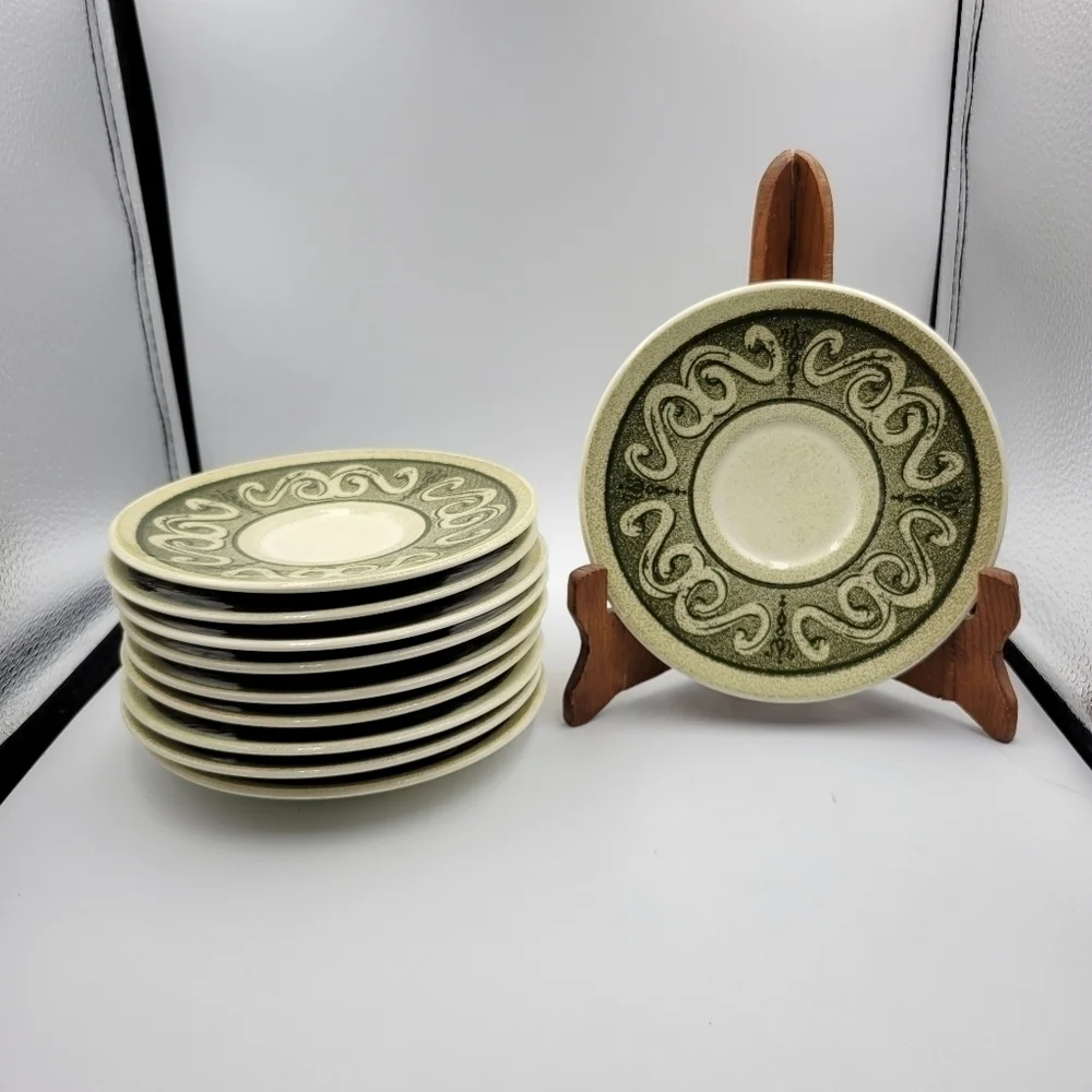 Vtg Stoneware Green & Cream Saucers - set of 10